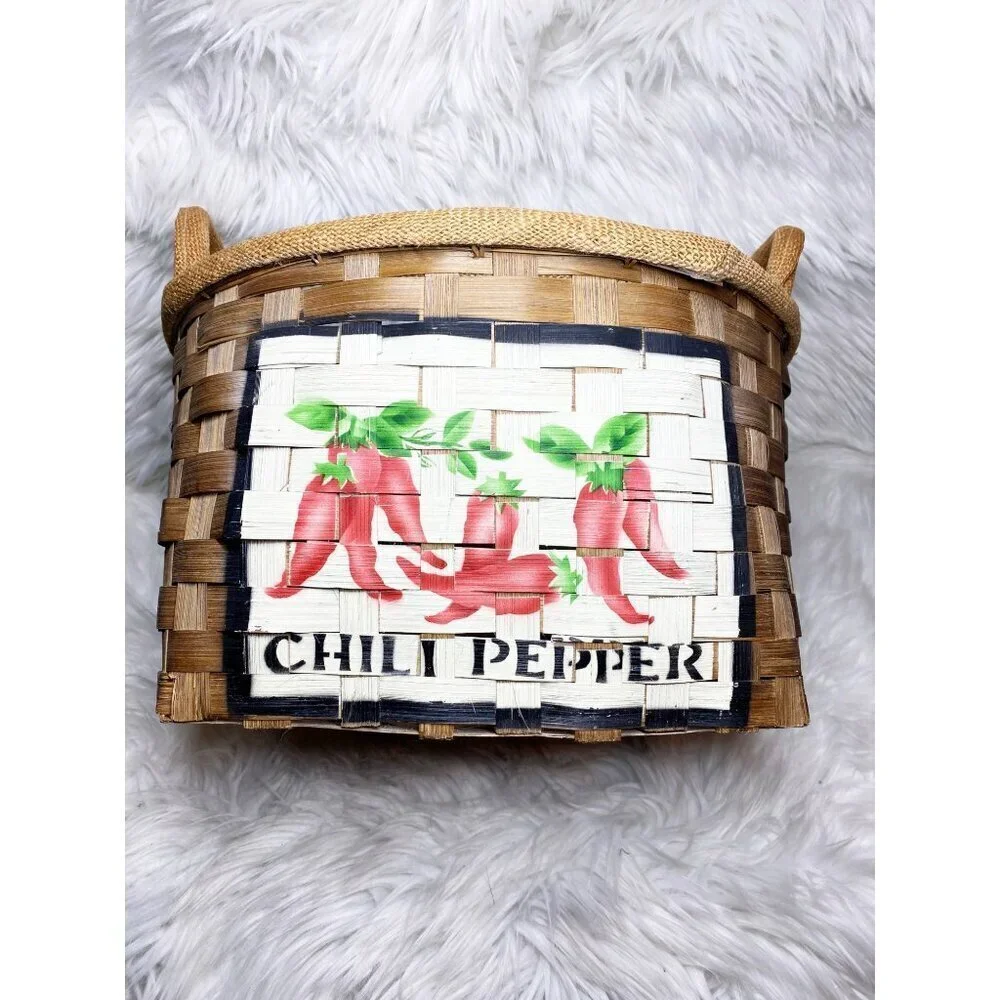 WOODEN CHILI PEPPER KITCHEN COTTAGE FARMHOUSE STORAGE BASKET, 16 x‎ 13.5 x 9